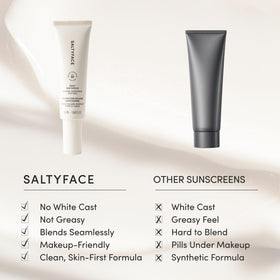 SALTYFACE next to sunglasses showing compact 1.69 fl oz travel-friendly size