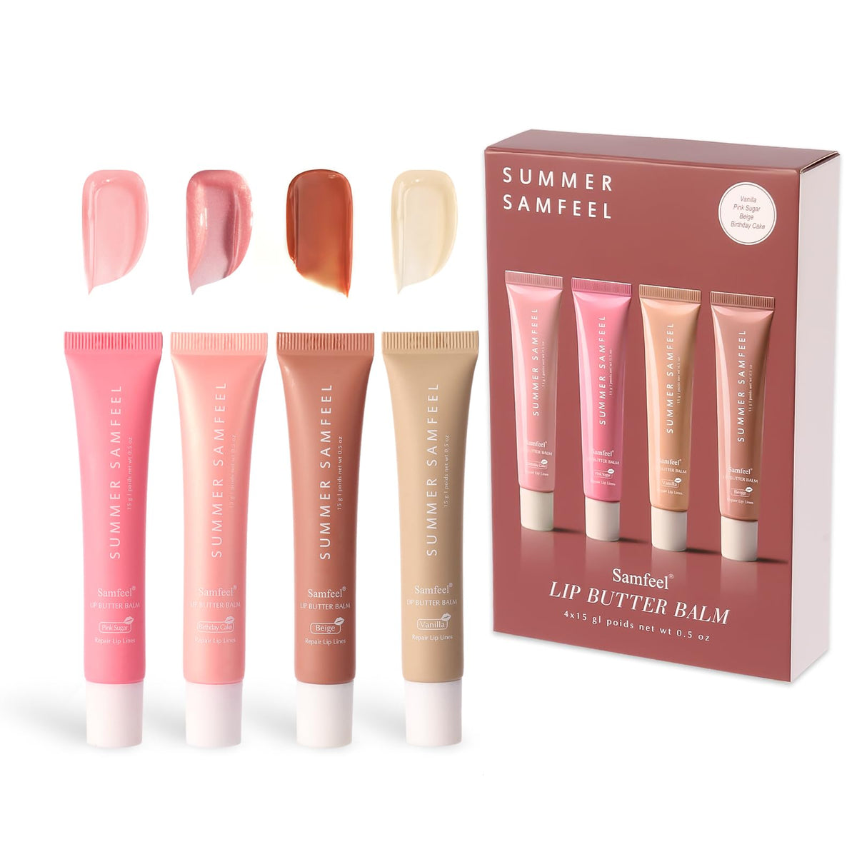 Samfeel front packaging showing four tinted lip butter pots and convenient travel benefits