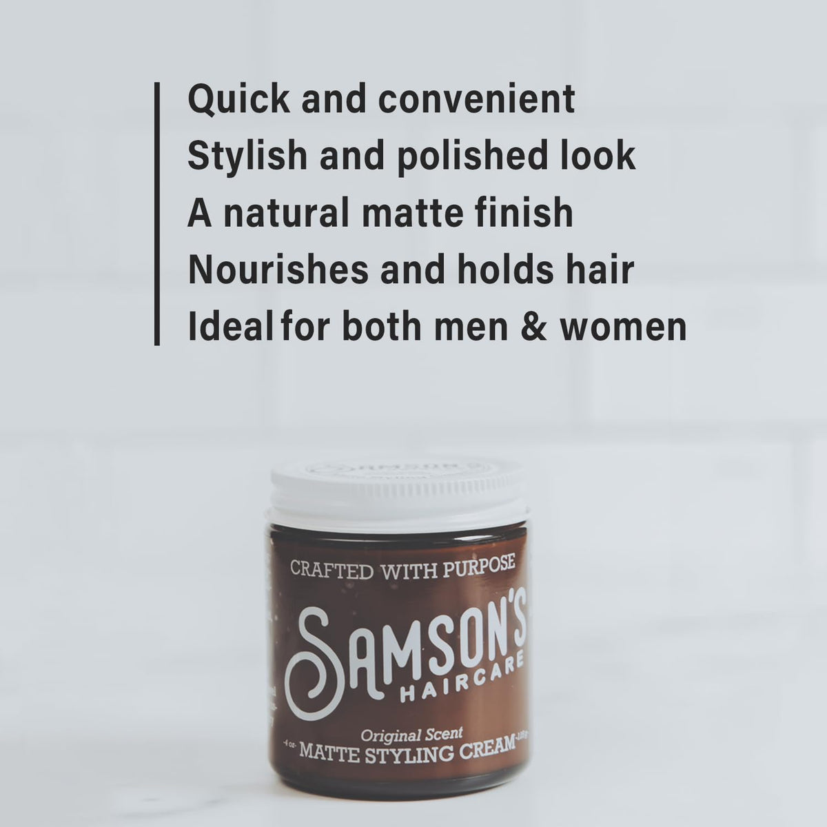 SAMSON'S HAIRCARE 4 oz jar next to a ruler to show compact travel-friendly benefit