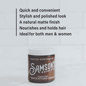 SAMSON'S HAIRCARE 4 oz jar next to a ruler to show compact travel-friendly benefit