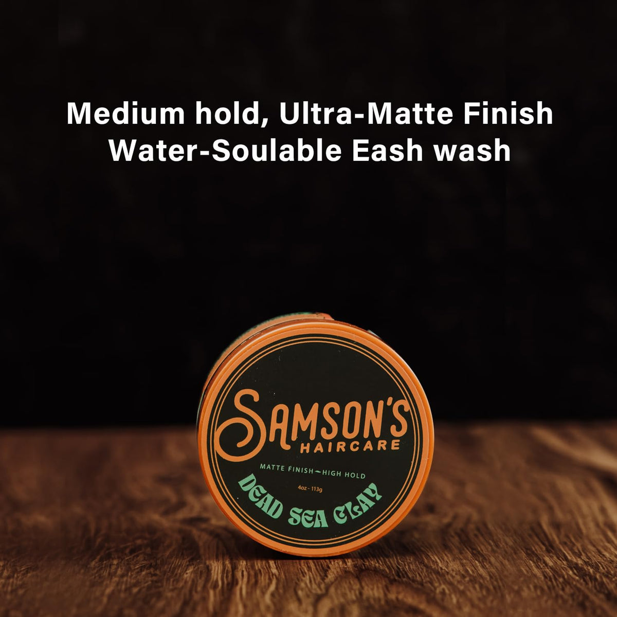 SAMSON'S HAIRCARE jar next to ruler showing 4 oz size and travel-friendly benefit