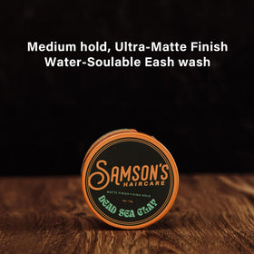 SAMSON'S HAIRCARE jar next to ruler showing 4 oz size and travel-friendly benefit