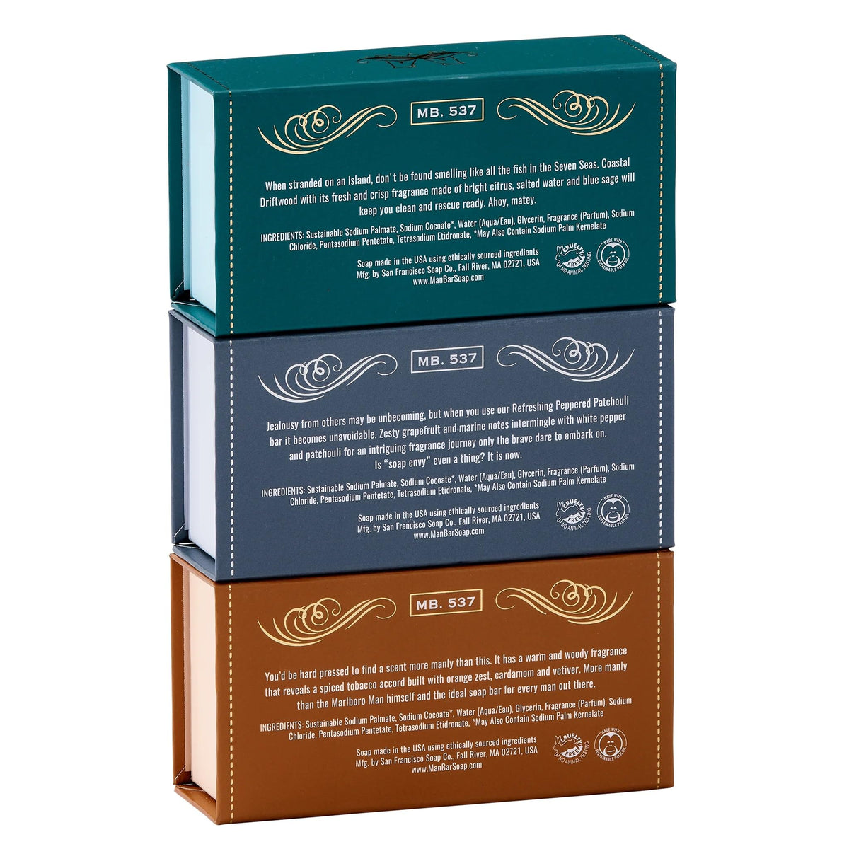 San Francisco Soap Company individual bars lined up highlighting three scents