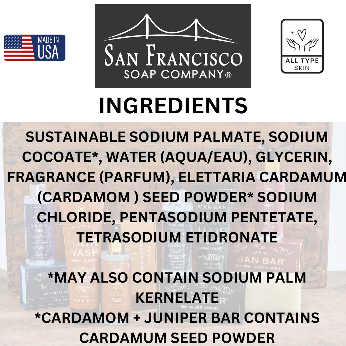 San Francisco Soap Company packaging back label with ingredient listing for transparency