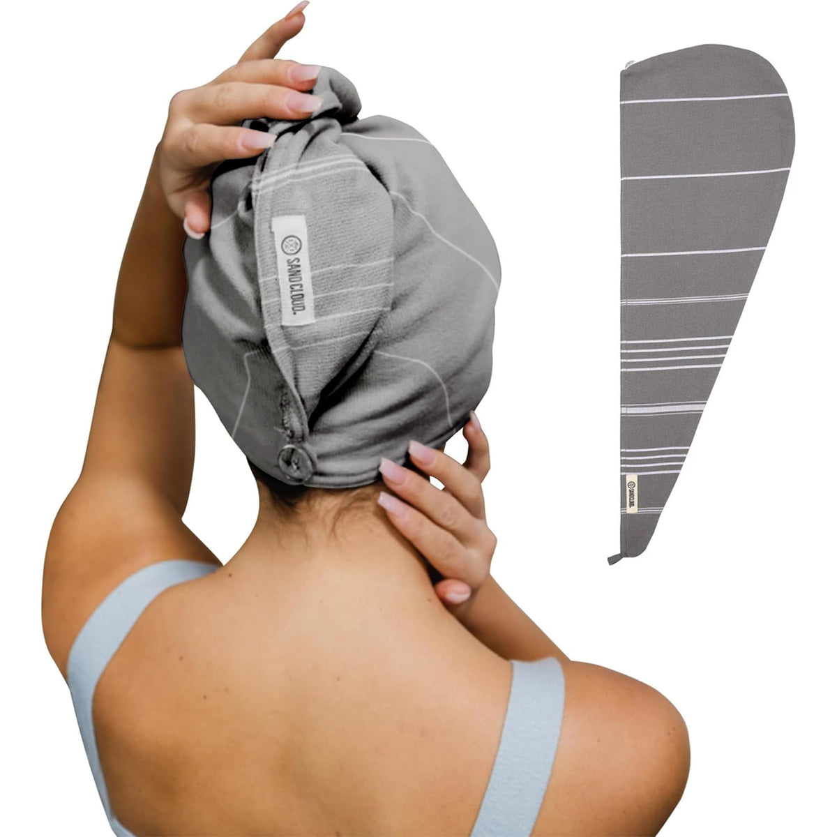 Sand Cloud front view of grey hair towel wrap showing compact size and neat binding