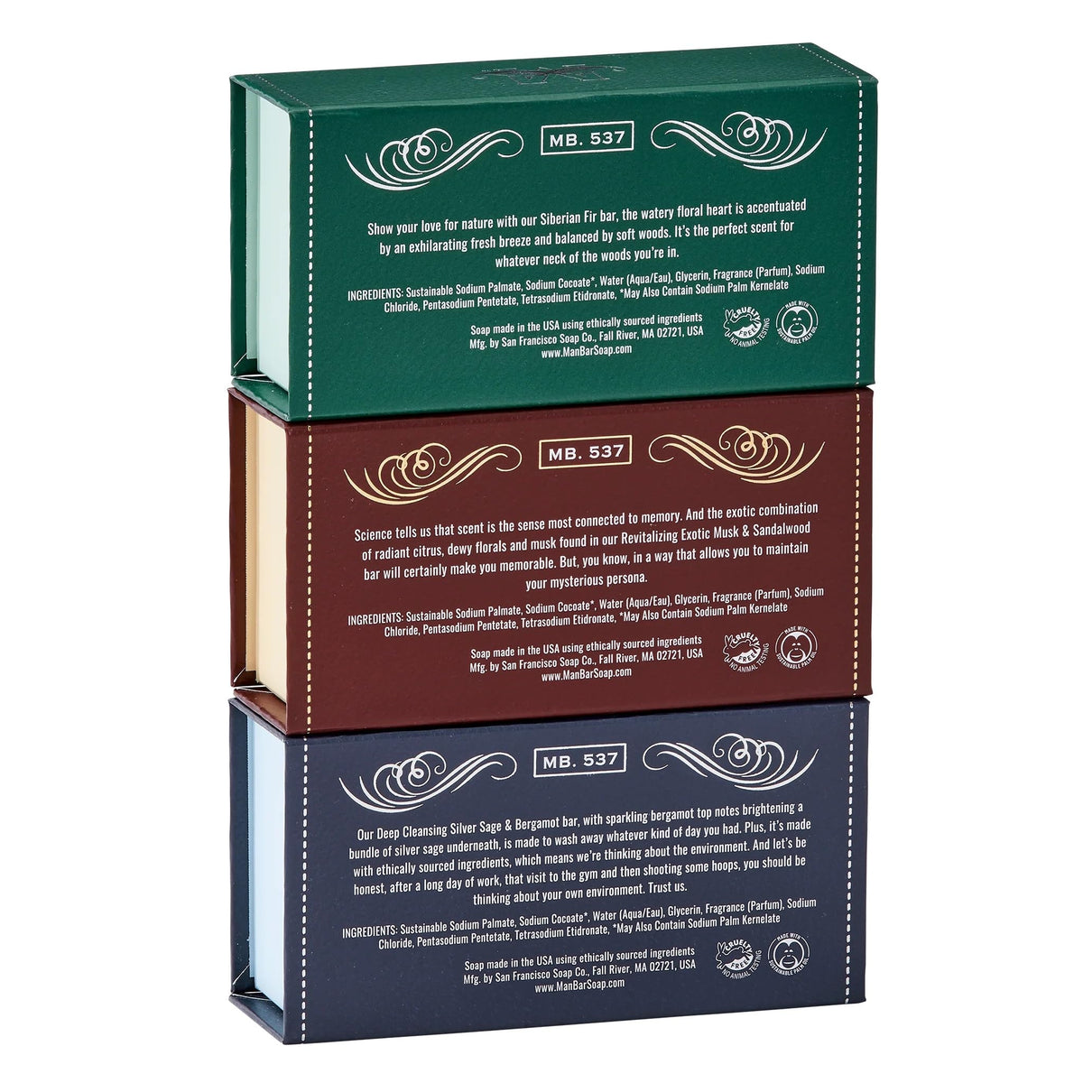 San Francisco Soap Company three bars lined up displaying different colors and scents for variety
