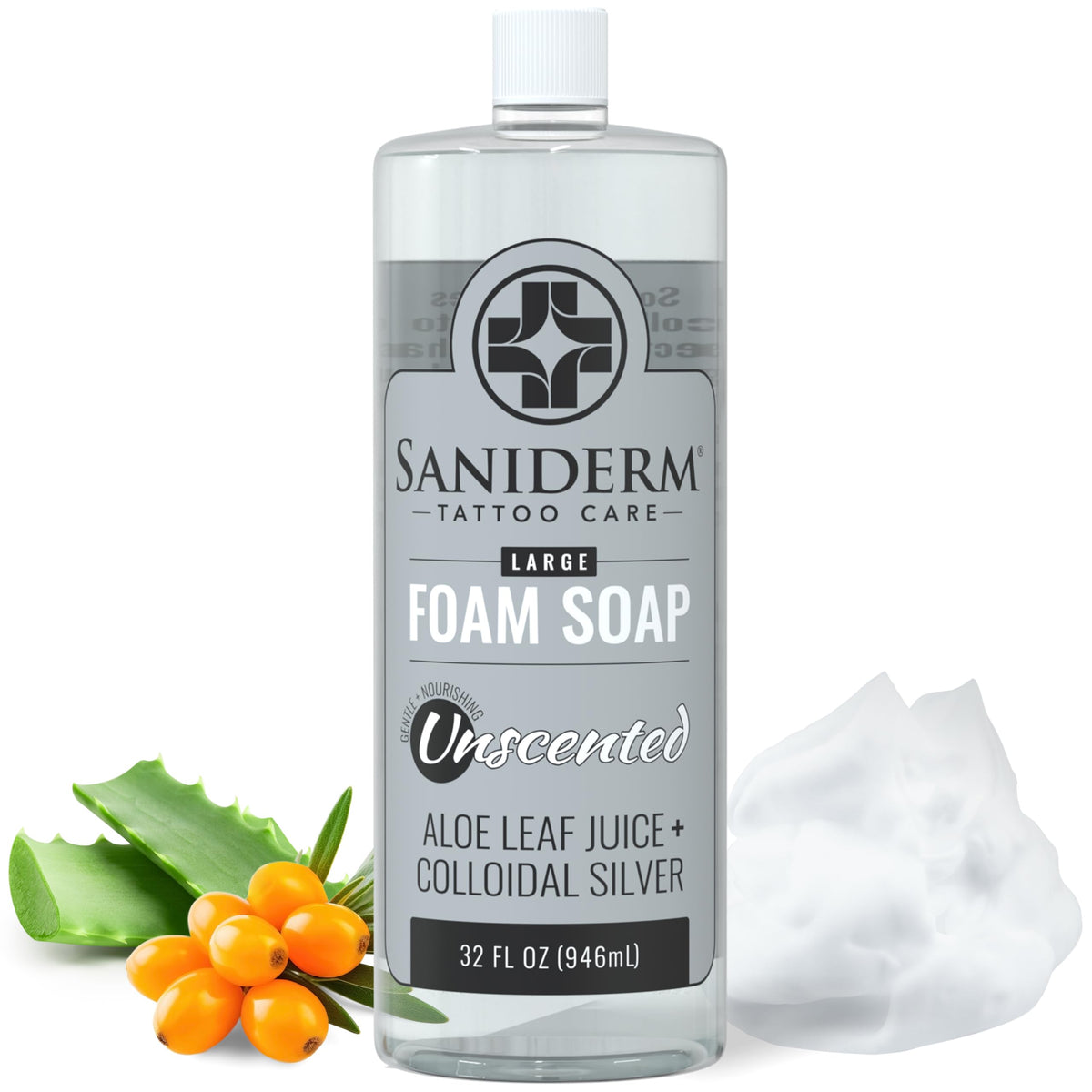 Saniderm 32oz bottle front label showing product name and benefits