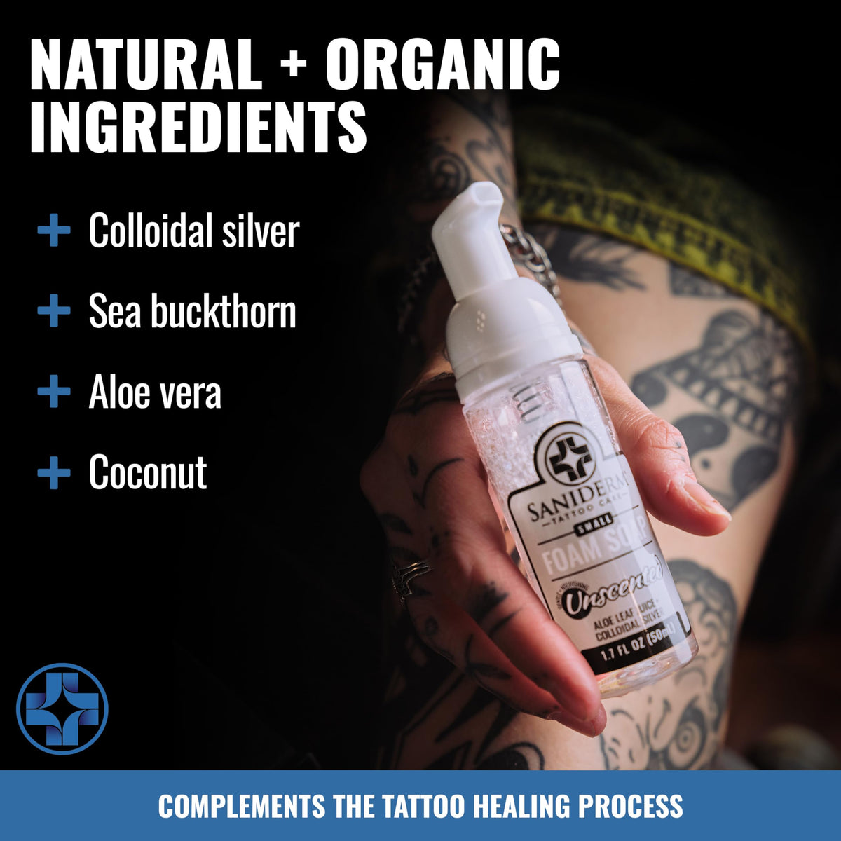 Saniderm foam applied to tattooed skin showing gentle cleansing action