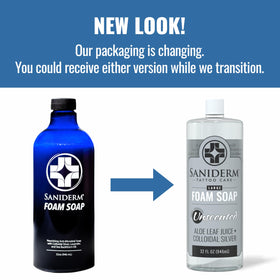 Saniderm pump dispensing white foam for quick, mess-free application