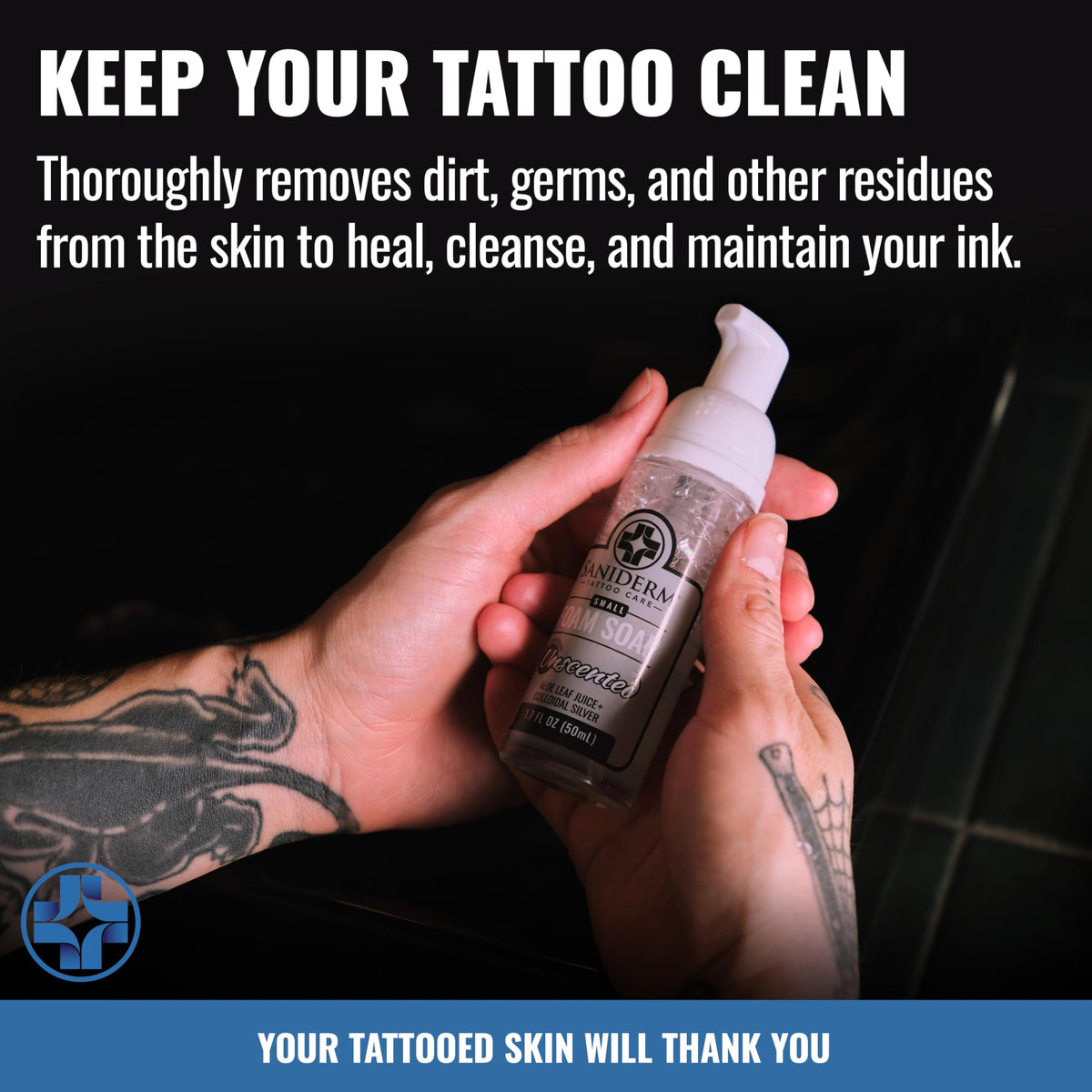 Saniderm bottle staged in bathroom to show everyday aftercare convenience