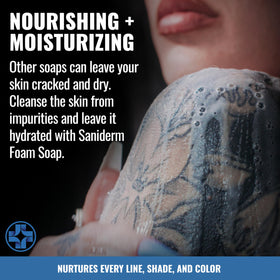 Saniderm bottle held in hand to show 8.45oz home-size portability benefit