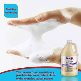 Sanit foamed soap in hand demonstrating quick spread and easy rinse