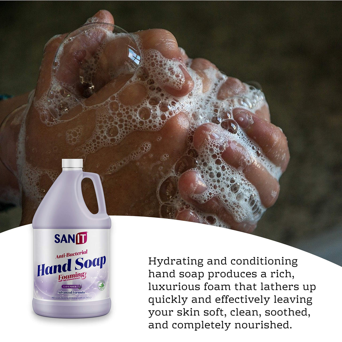 Sanit creamy foaming soap texture close-up demonstrating rich lather