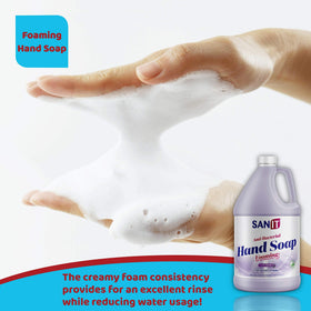 Sanit foam dispensing into hand from foaming dispenser for easy use and hygiene