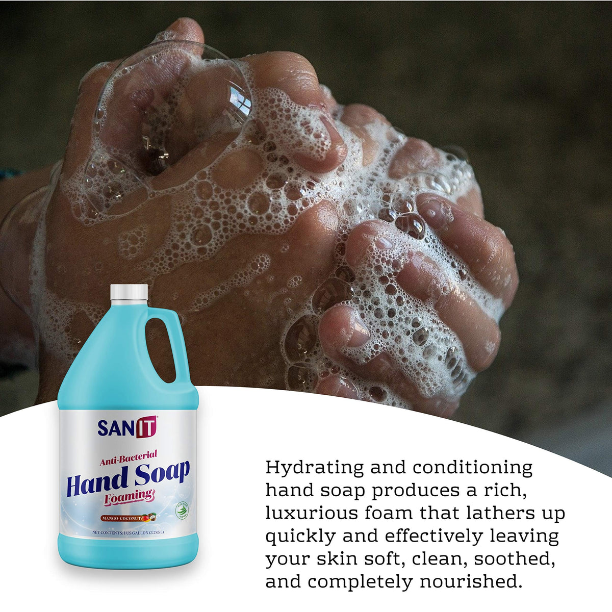 Sanit in foaming dispenser in use showing foam on hands for fast, low-water rinsing