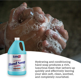 Sanit in foaming dispenser in use showing foam on hands for fast, low-water rinsing