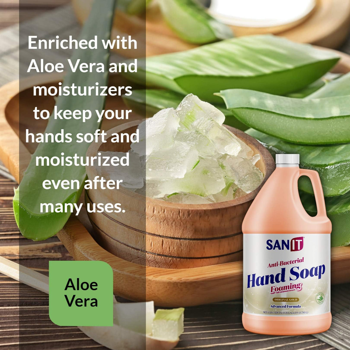 Sanit bottle beside aloe vera leaf illustrating soothing moisturizing ingredient