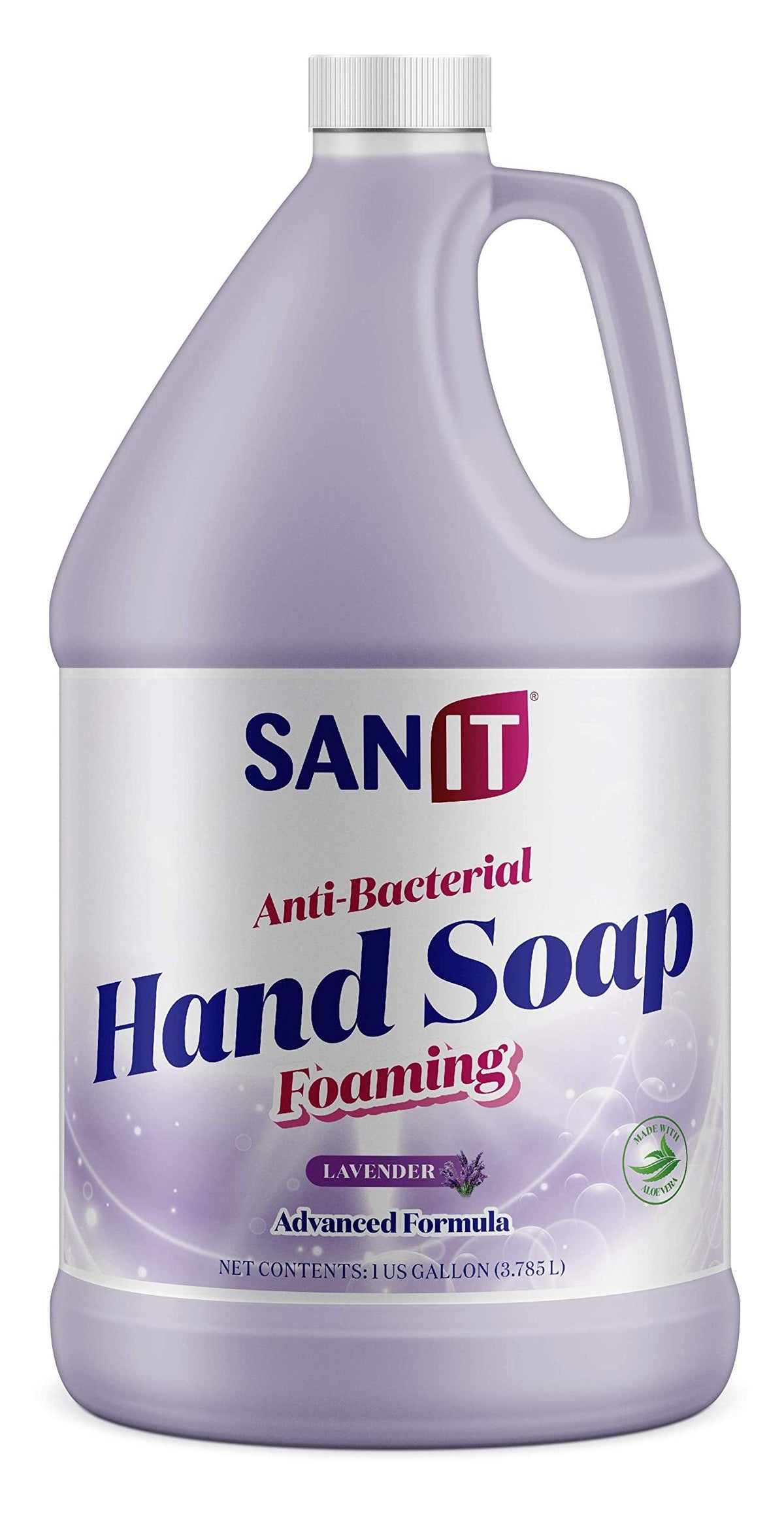 Sanit 1-gallon lavender refill front label showing product identity and benefits