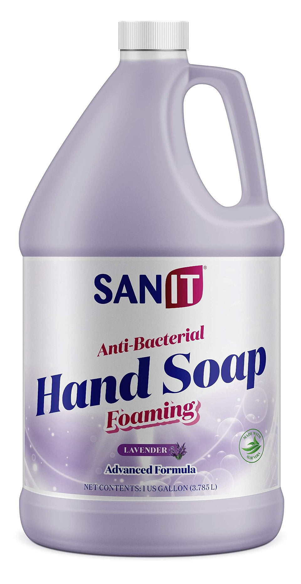 Sanit 1-gallon lavender refill front label showing product identity and benefits