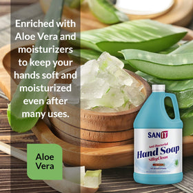 Sanit Silky Clean gallon compared to a pump bottle illustrating cost savings