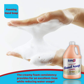 Sanit gallon next to a hand for scale showing large economical size