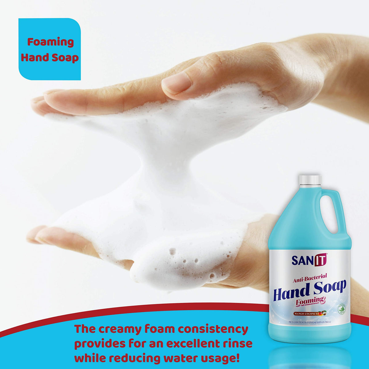 Sanit size comparison with a hand to show 1 gallon scale for economical refilling