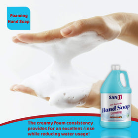 Sanit size comparison with a hand to show 1 gallon scale for economical refilling