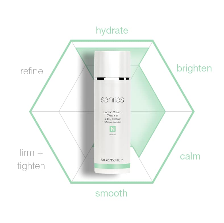 Sanitas cleanser on bathroom shelf styled for bright morning routine