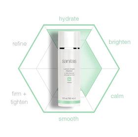 Sanitas cleanser on bathroom shelf styled for bright morning routine
