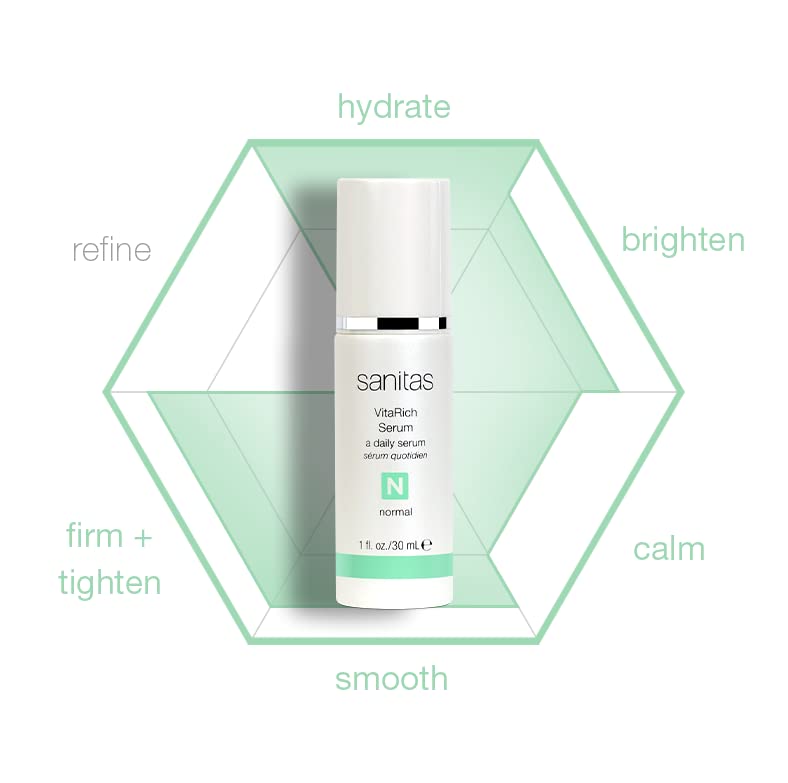 Sanitas bottle on bathroom shelf with towel, implying daily routine and clean formulation