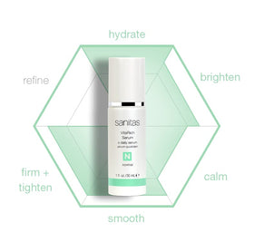Sanitas bottle on bathroom shelf with towel, implying daily routine and clean formulation