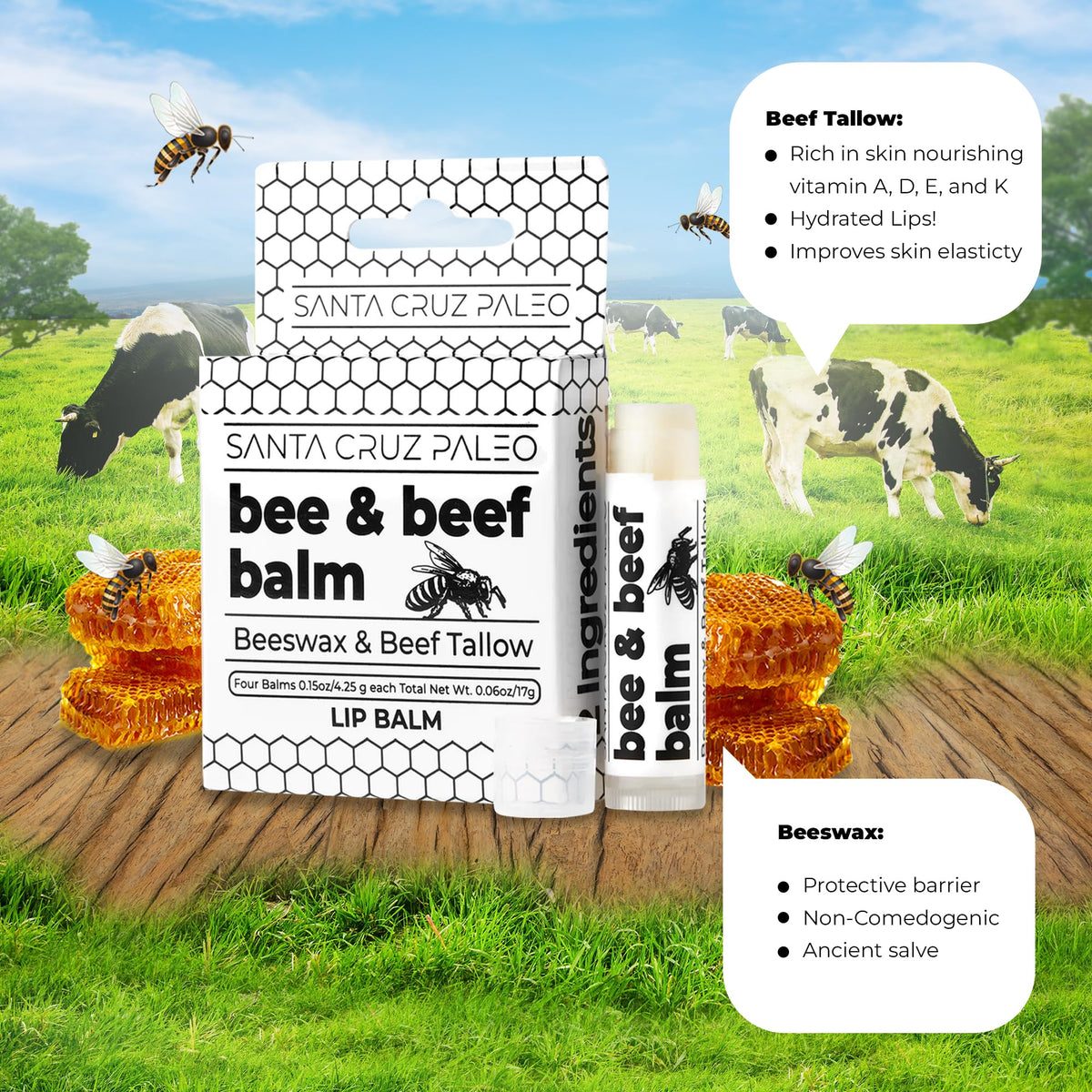 Santa Cruz Paleo beeswax and grass-fed tallow ingredients displayed for natural formulation