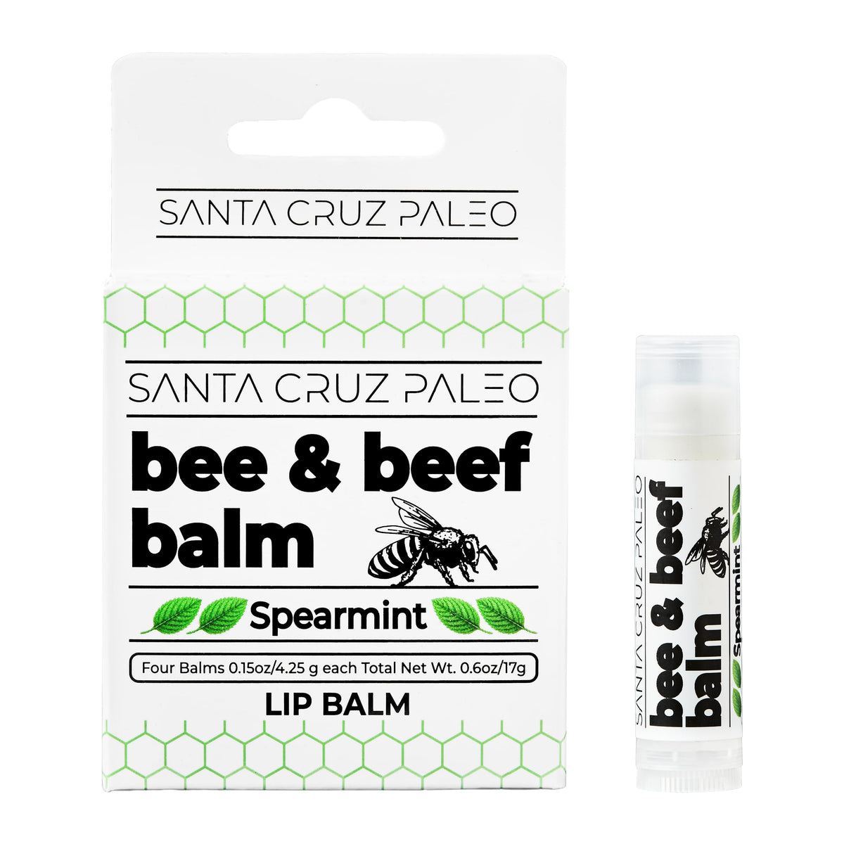Santa Cruz Paleo front packaging showing four spearmint lip balm sticks, clear portable protection