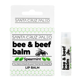 Santa Cruz Paleo front packaging showing four spearmint lip balm sticks, clear portable protection