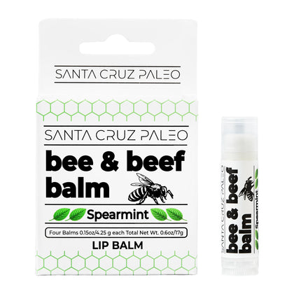 Santa Cruz Paleo front packaging showing four spearmint lip balm sticks, clear portable protection