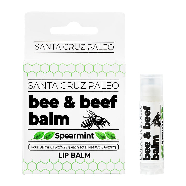 Santa Cruz Paleo front packaging showing four spearmint lip balm sticks, clear portable protection