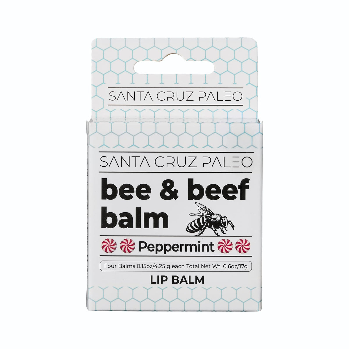 Santa Cruz Paleo front packaging showing four peppermint lip balm sticks for travel-ready hydration