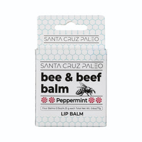 Santa Cruz Paleo front packaging showing four peppermint lip balm sticks for travel-ready hydration