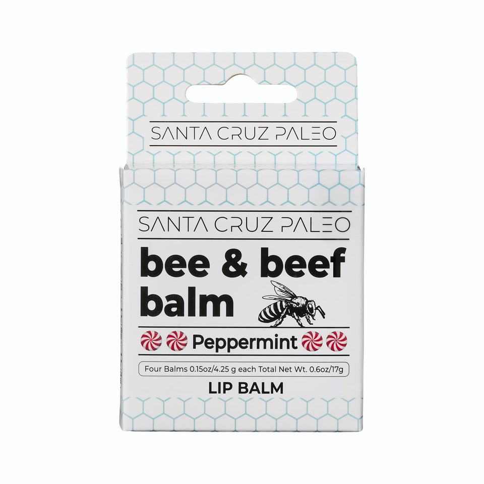 Santa Cruz Paleo front packaging showing four peppermint lip balm sticks for travel-ready hydration