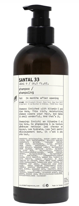 Santal 33 LeLabo shampoo front packaging showing pump and label benefits