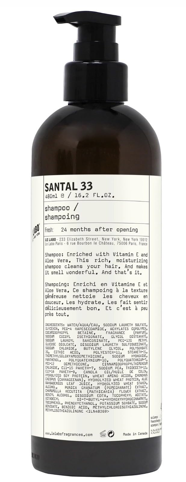 Santal 33 LeLabo shampoo front packaging showing pump and label benefits