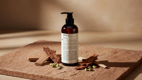 Santal 33 LeLabo 16.2 fl oz bottle next to common items to show scale