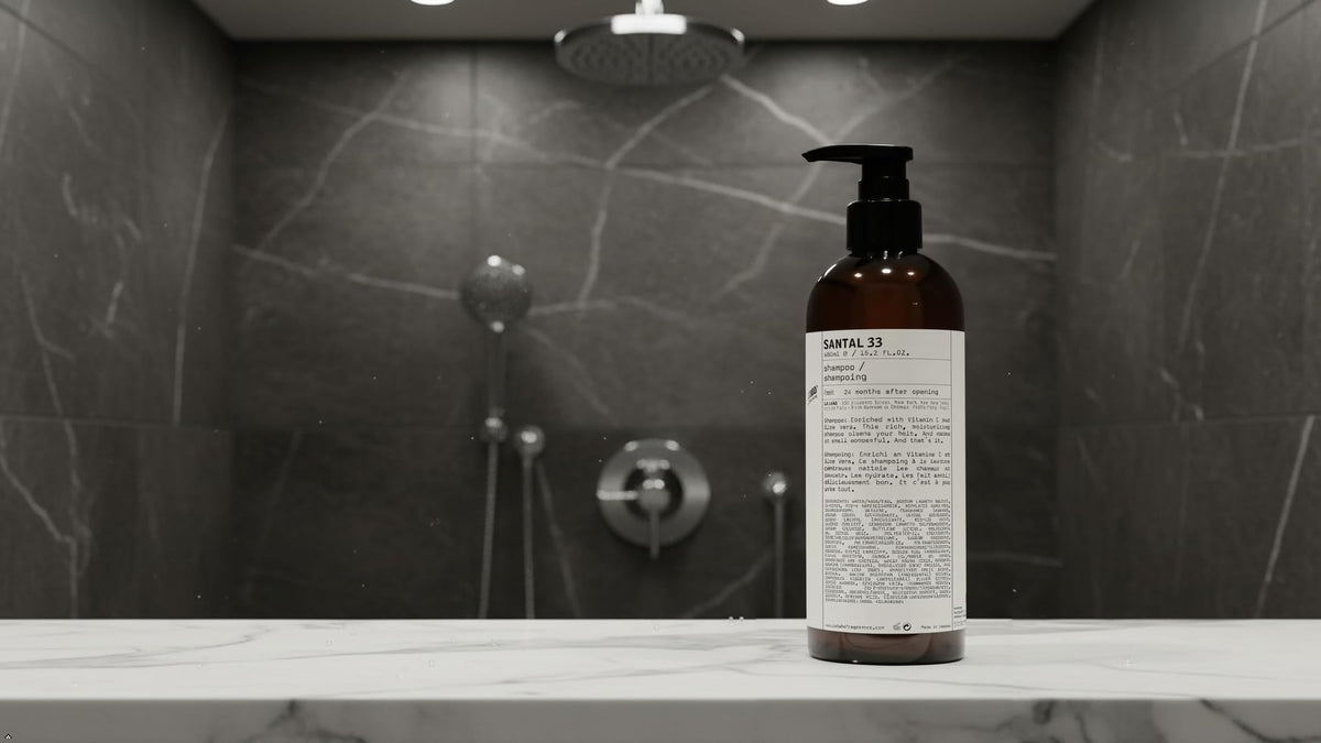 Santal 33 LeLabo shampoo lather close-up demonstrating gentle foam and hydration