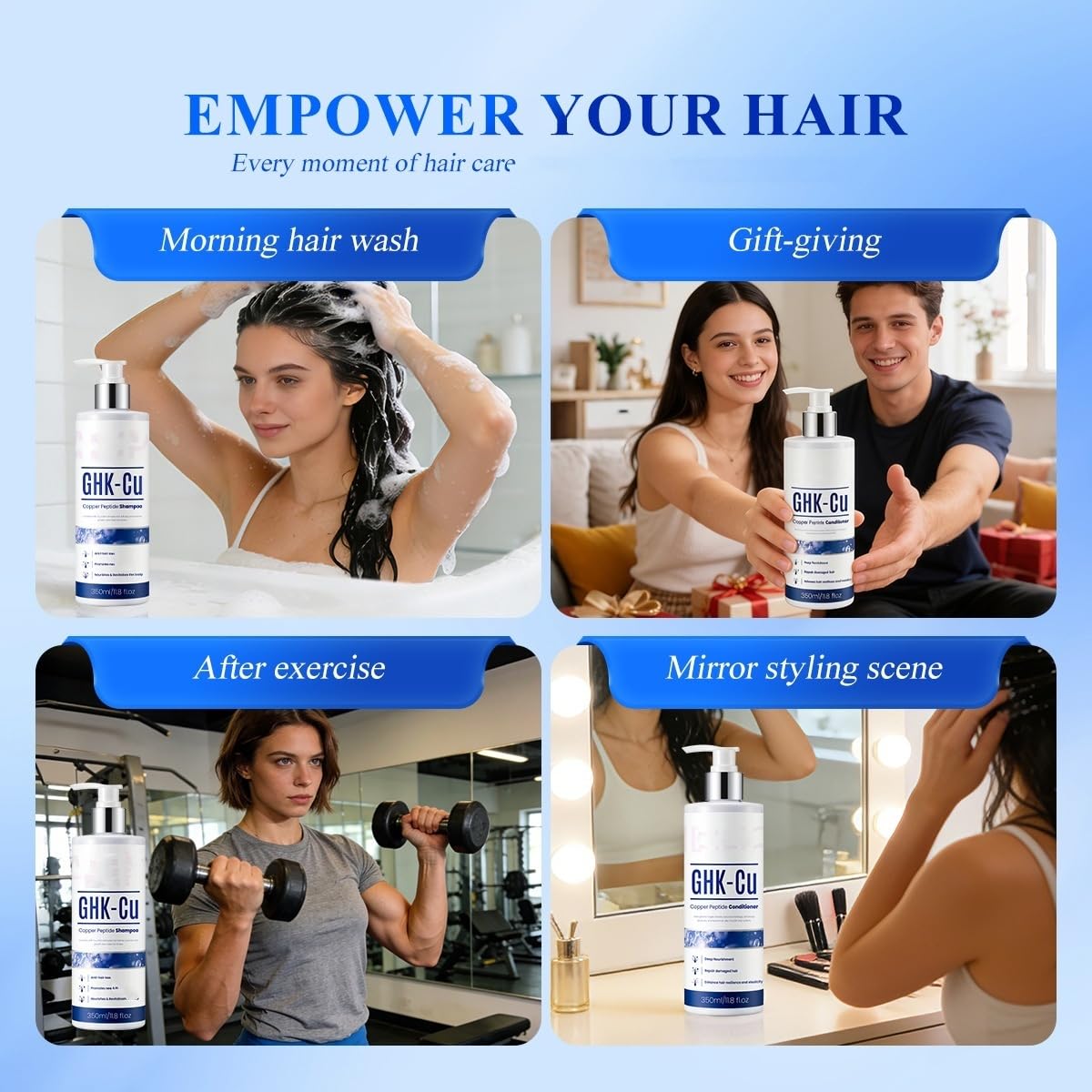 SANZHUAN bottle label detail emphasizing copper peptides and keratin benefit