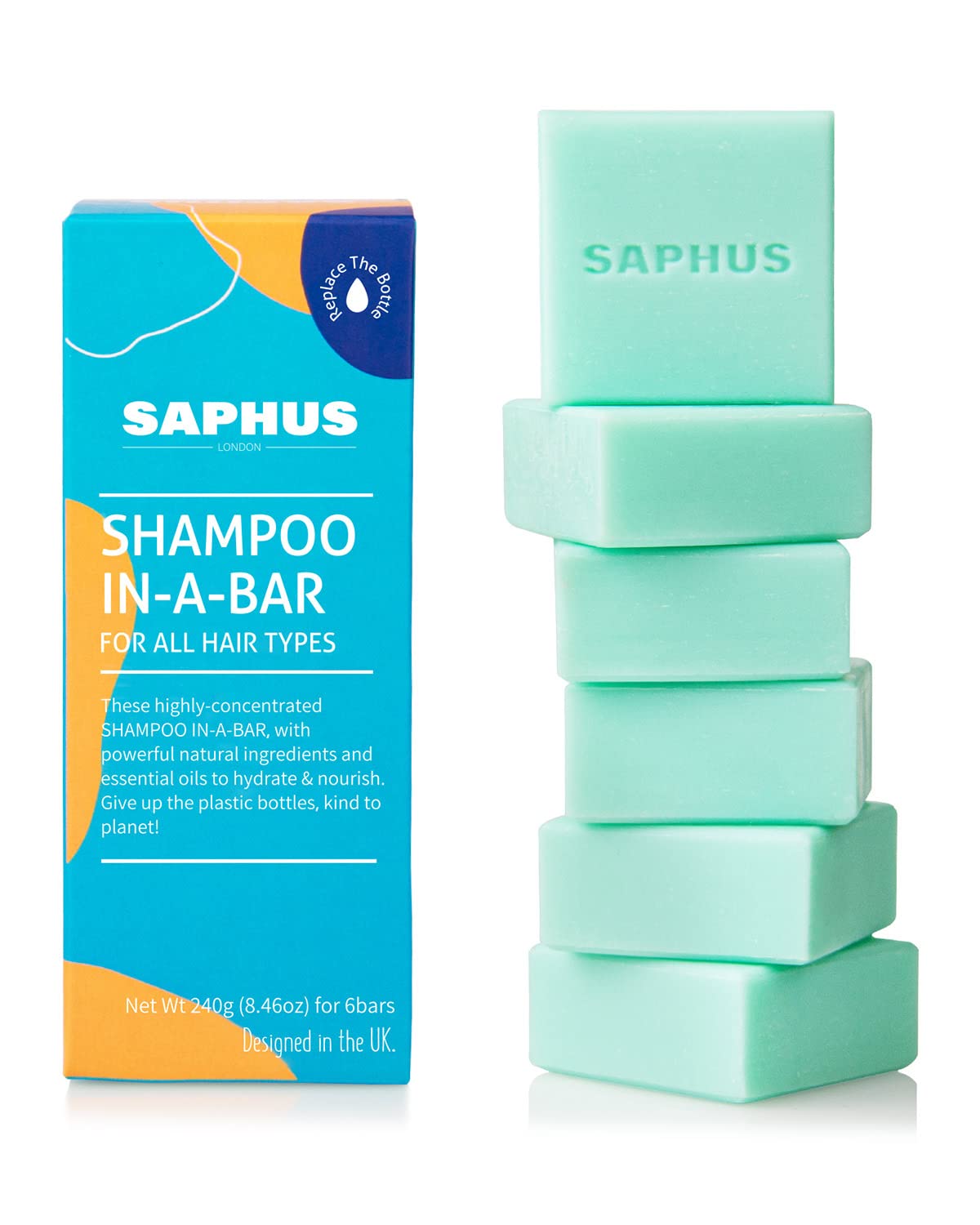 SAPHUS front packaging showing six blue travel shampoo bars and eco benefits