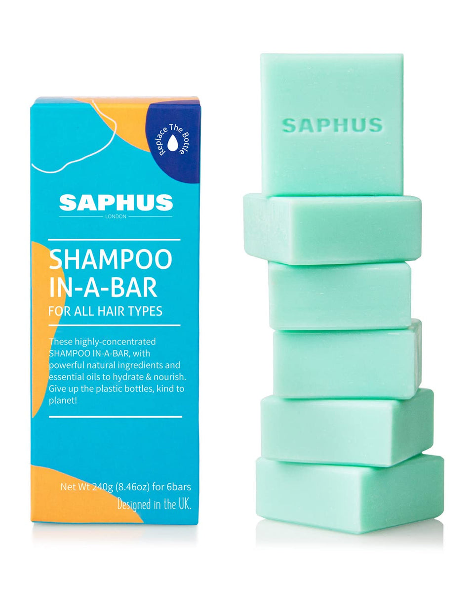 SAPHUS front packaging showing six blue travel shampoo bars and eco benefits