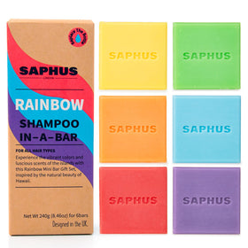 SAPHUS six-pack front packaging showing assorted scented shampoo bars for convenience