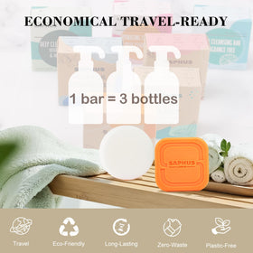 SAPHUS bars next to toiletries to show compact travel scale