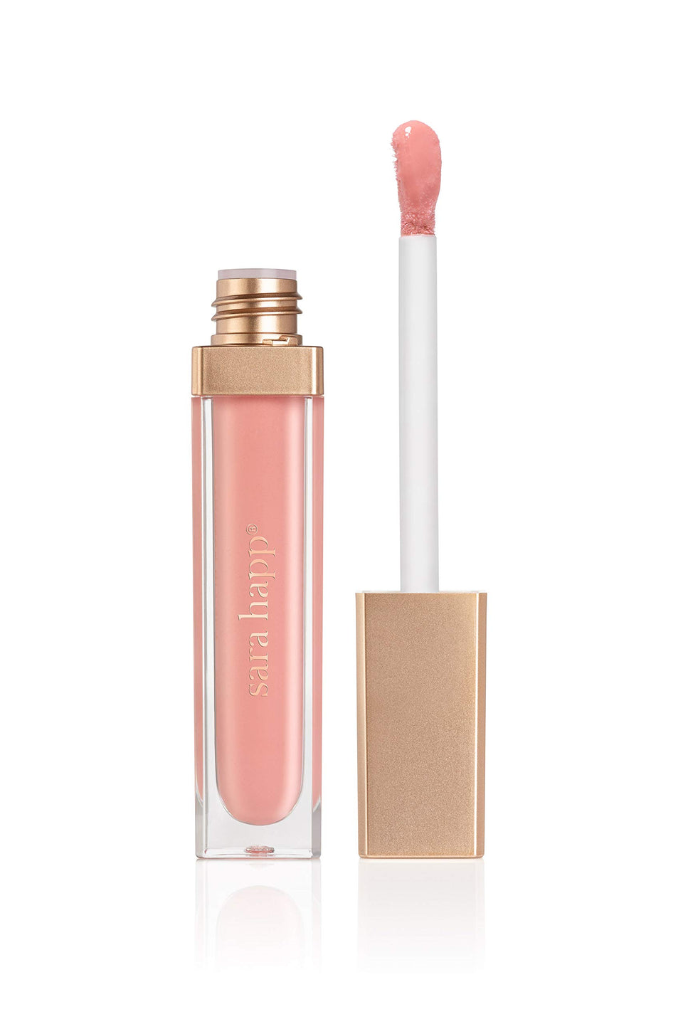 Sara Happ front packaging showing ballet pink gloss and branding benefit: instant radiant shine