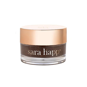 Sara Happ front jar shot showing brown sugar scrub and clean packaging benefit: clarity